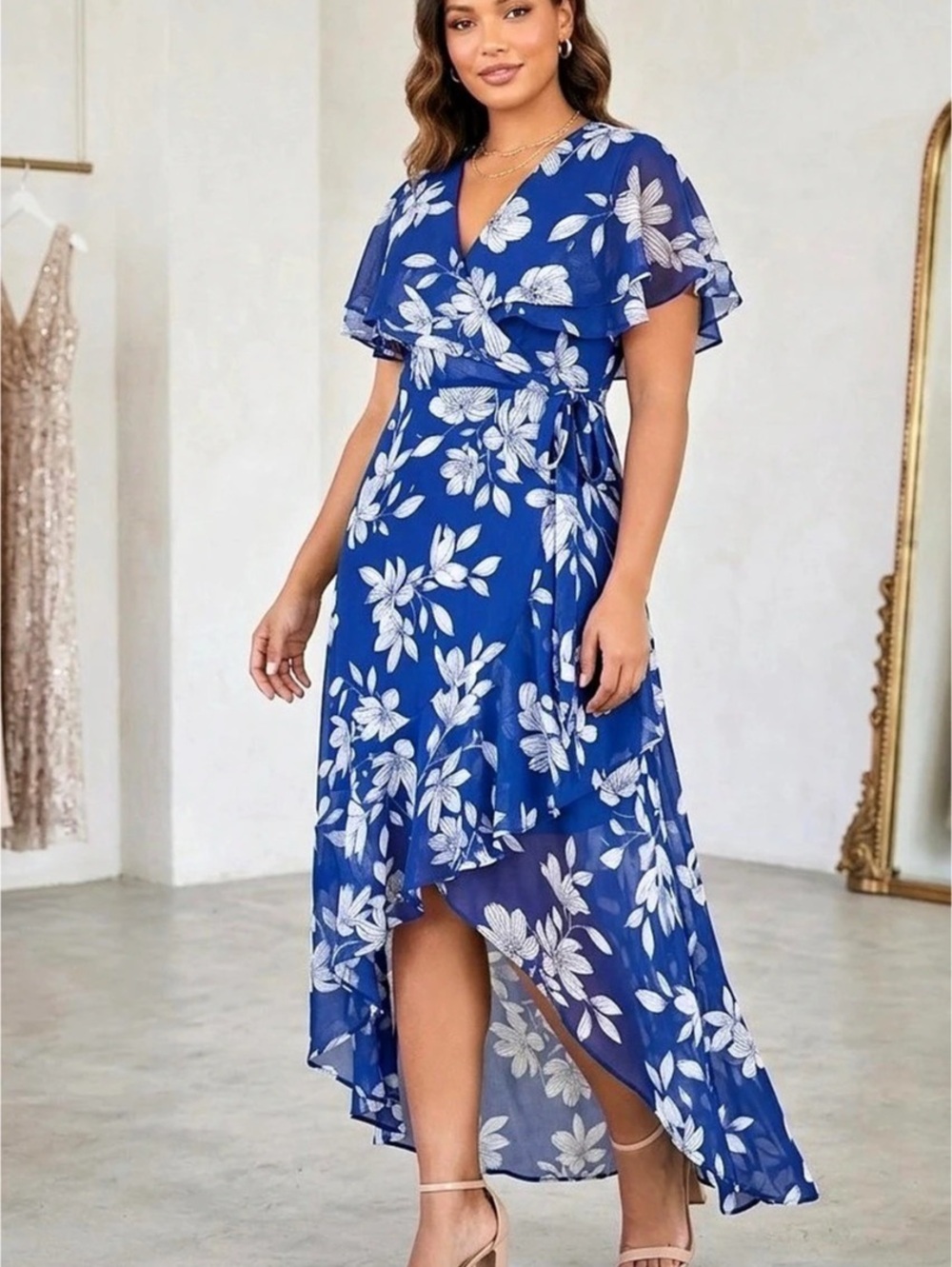 Calvin Klein Floral-Print Faux-Wrap Chiffon High-Low Dress Blue & White Size 4